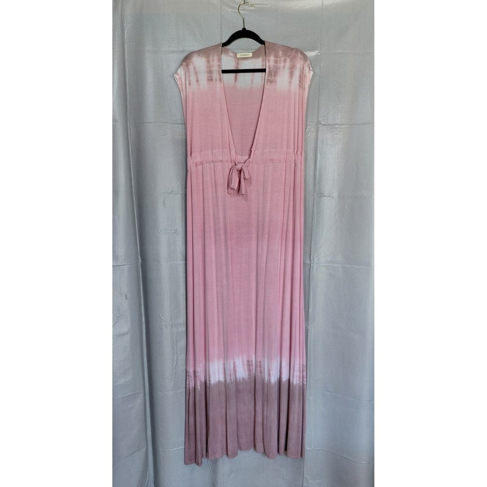 Promesa Tie Dye Maxi Dress LG Plunge Neck Cinch Tie Waist Pink Long Cover Up